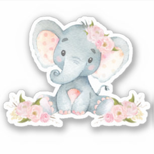 Pink Floral Cute Baby Elephant Cut Out Vinyl  Stic