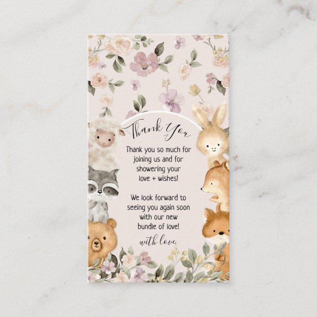 Pink Floral Cute Baby Forest Animal Thank Enclosure Card (Front)