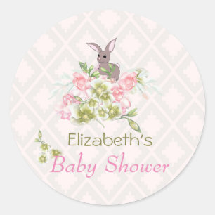 Pink Floral Cute  Bunny Baby Shower Classic Round Sticker