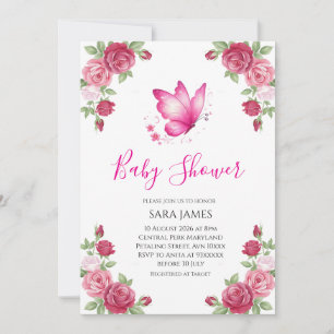 Pink Floral Cute Butterfly Baby Shower Invitation