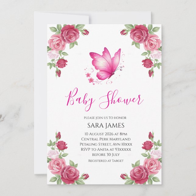 Pink Floral Cute Butterfly Baby Shower Invitation (Front)