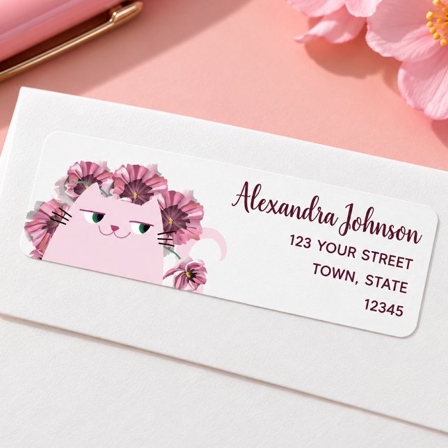 Pink Floral Cute Cat Return Address Label (Creator Uploaded)