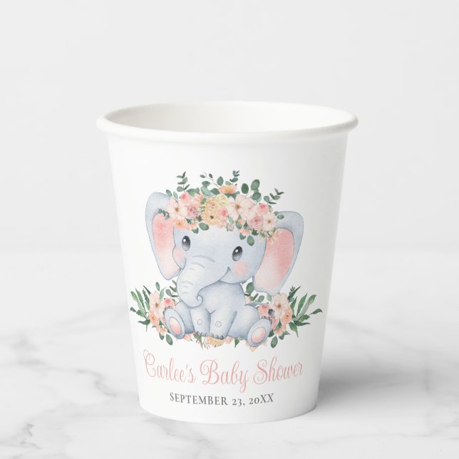 Pink Floral Cute Elephant Baby Girl Baby Shower Paper Cups (Front)