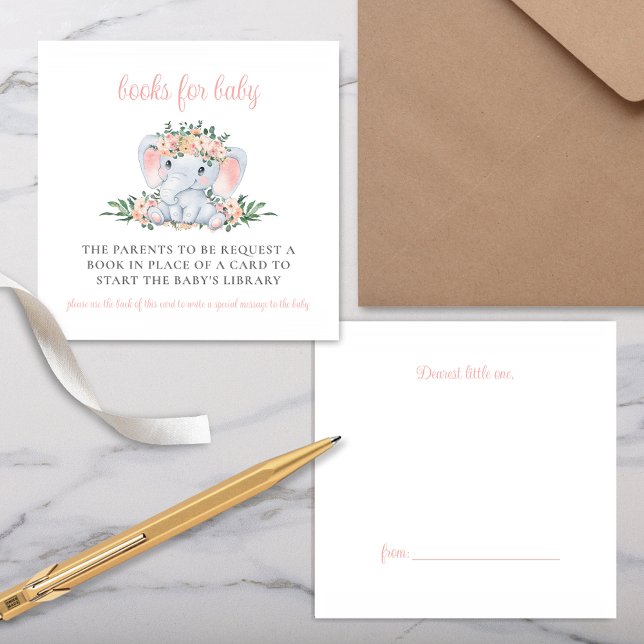 Pink Floral Cute Elephant Baby Shower Book Request Enclosure Card (Cute Pink Floral Greenery Baby Shower Book Request Card for Baby Girl Elephant Safai Jungle Shower)