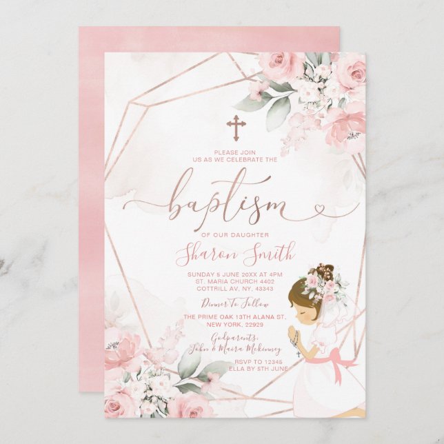 Pink Floral Cute Girl Praying Christening Baptism Invitation (Front/Back)