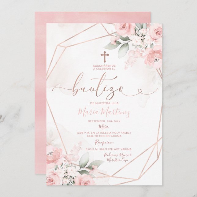 Pink Floral Cute Girl Spanish Bautizo Christening Invitation (Front/Back)