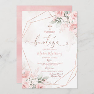 Pink Floral Cute Girl Spanish Bautizo Christening Invitation