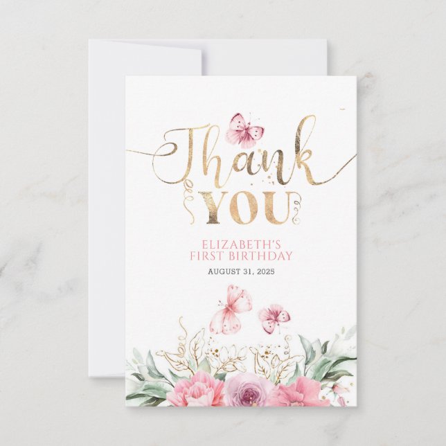 Pink Floral Cute Gold Birthday Thank You (Front)