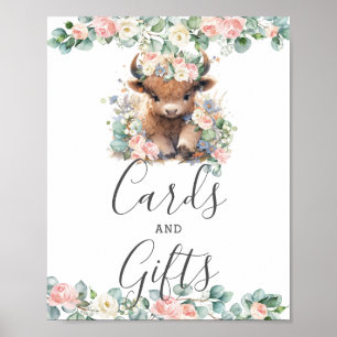 Pink Floral Cute Highland Cow Baby Cards and Gifts Poster