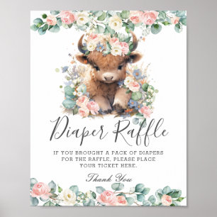 Pink Floral Cute Highland Cow Baby Diaper Raffle Poster