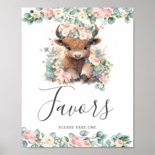 Pink Floral Cute Highland Cow Baby Shower Favours Poster