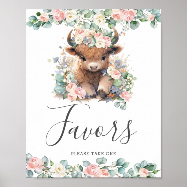 Pink Floral Cute Highland Cow Baby Shower Favours Poster (Front)