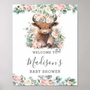 Pink Floral Cute Highland Cow Baby Shower Welcome  Poster