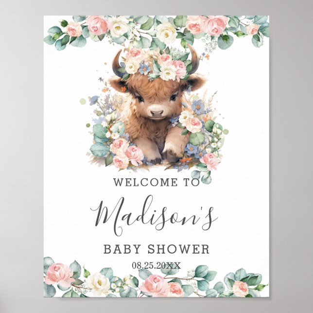 Pink Floral Cute Highland Cow Baby Shower Welcome  Poster (Front)