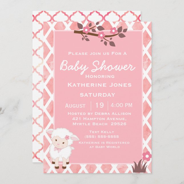 Pink Floral Cute Lamb Baby Shower Invitation (Front/Back)