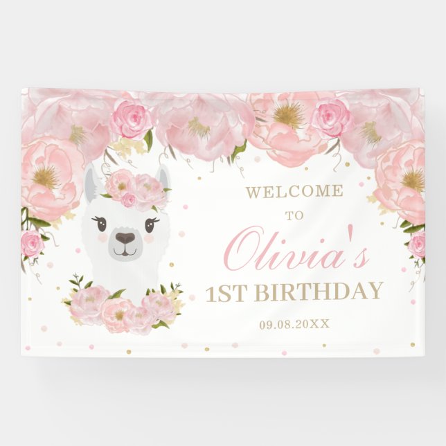 Pink Floral Cute Llama 1st Birthday Backdrop Banner (Horizontal)
