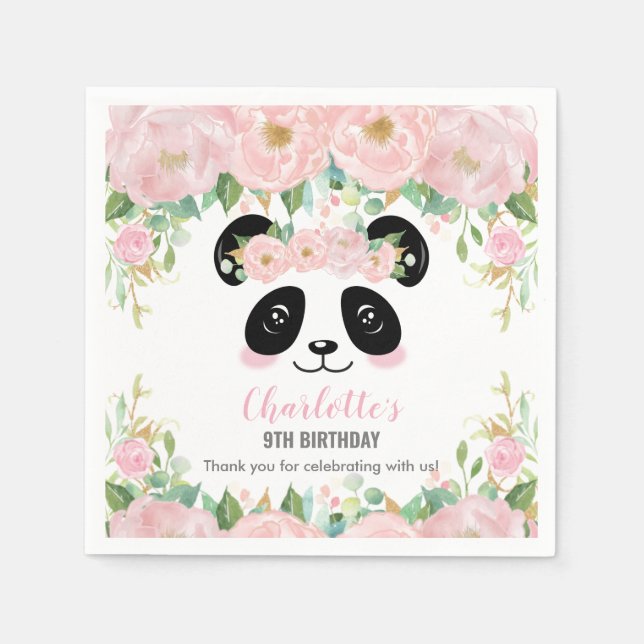 Pink Floral Cute Panda Birthday Baby Party Napkin (Front)