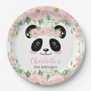Pink Floral Cute Panda Birthday Baby Party Paper Plate