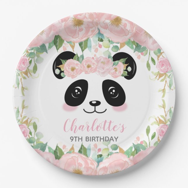 Pink Floral Cute Panda Birthday Baby Party Paper Plate (Front)
