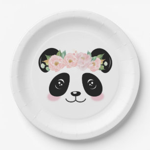 Pink Floral Cute Panda Birthday Party Paper Plate