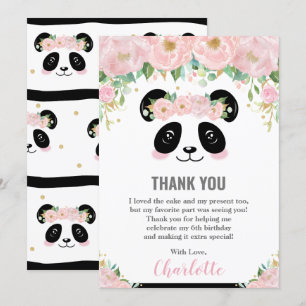 Pink Floral Cute Panda Birthday Thank You Card