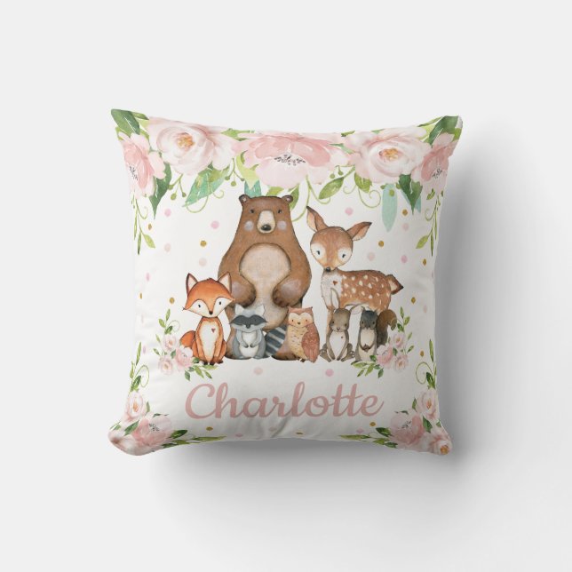 Pink Floral Cute Woodland Animals Girl Nursery Cushion (Front)
