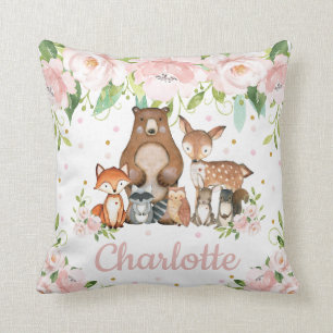 Pink Floral Cute Woodland Animals Girl Nursery Cushion