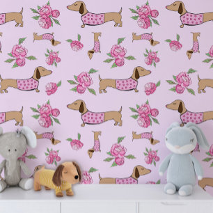 Pink Floral Dachshunds and Peonies Nursery Wallpaper