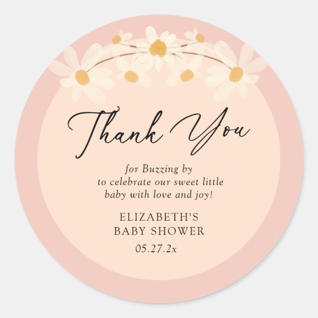 Pink Floral Daisy Bees Baby Shower Thank you Classic Round Sticker (Front)