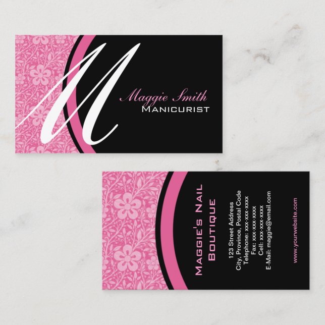 Pink Floral Damask Monogram Business Card (Front/Back)