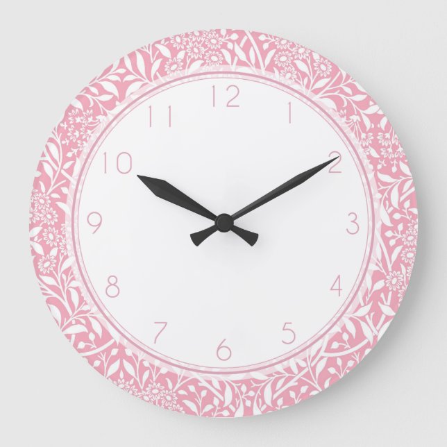 Pink Floral Damask Pattern Large Clock (Front)