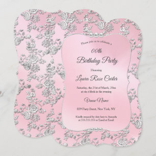Pink floral Damask Silver rose Birthday Party Invitation