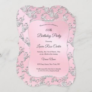Pink floral Damask Silver rose Birthday Party Invitation