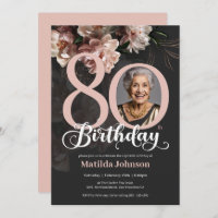 Pink Floral Dark Grey Photo 80th Birthday 