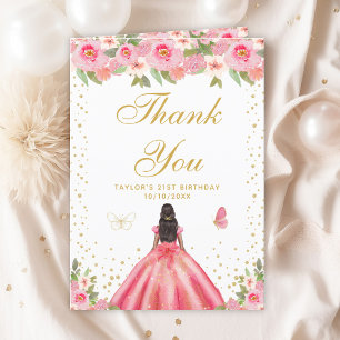 Pink Floral Dark Skin Girl Birthday Party Thank You Card