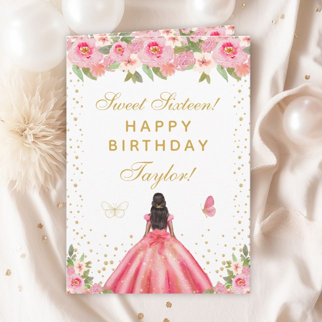 Pink Floral Dark Skin Girl Sweet Sixteen Card (Creator Uploaded)