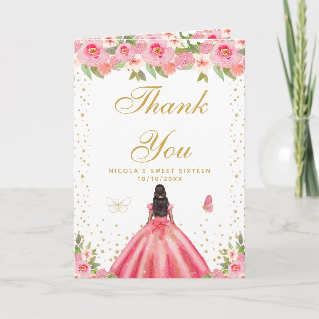 Pink Floral Dark Skin Girl Sweet Sixteen Thank You Card (Front)