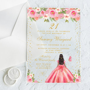 Pink Floral Dark Skin Princess Birthday Party Acrylic Invitations