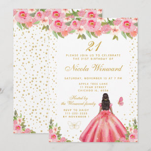 Pink Floral Dark Skin Princess Birthday Party Invitation