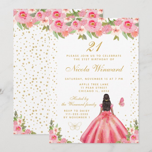 Pink Floral Dark Skin Princess Birthday Party Invitation (Front/Back)