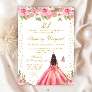 Pink Floral Dark Skin Princess Birthday Party Invitation