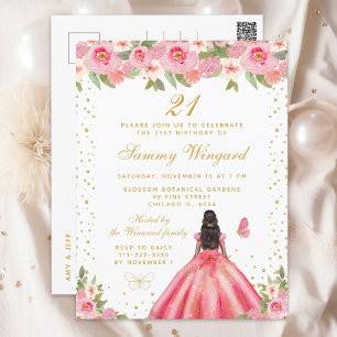 Pink Floral Dark Skin Princess Birthday Party Postcard
