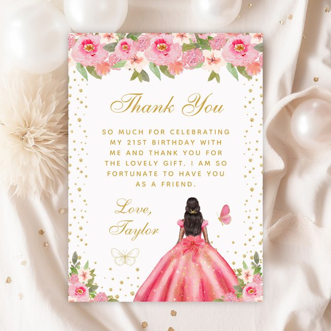 Pink Floral Dark Skin Princess Birthday Party Thank You Card (Creator Uploaded)