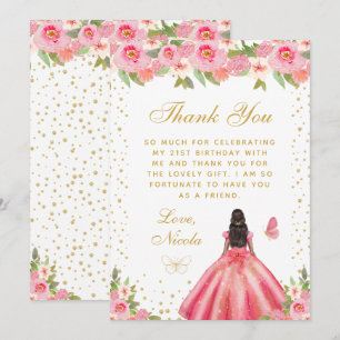 Pink Floral Dark Skin Princess Birthday Party Thank You Card