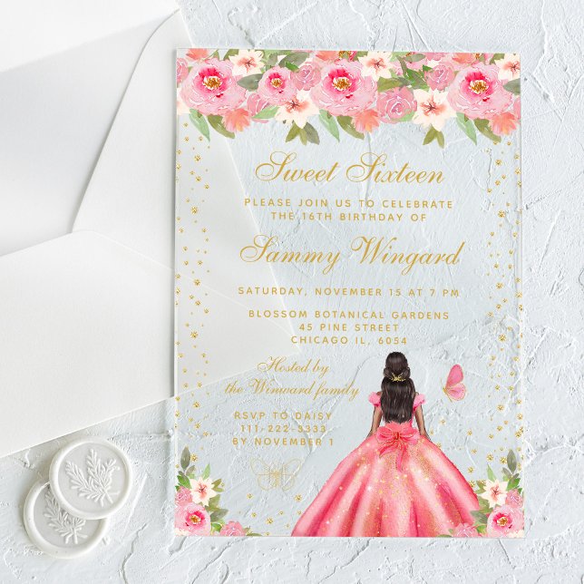 Pink Floral Dark Skin Princess Sweet Sixteen Acrylic Invitations (Creator Uploaded)
