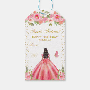 Pink Floral Dark Skin Princess Sweet Sixteen Gift Tags