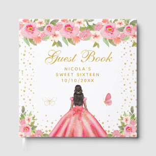 Pink Floral Dark Skin Princess Sweet Sixteen Guest Book
