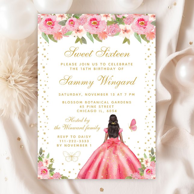 Pink Floral Dark Skin Princess Sweet Sixteen Invitation (Creator Uploaded)