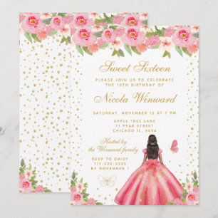 Pink Floral Dark Skin Princess Sweet Sixteen Invitation