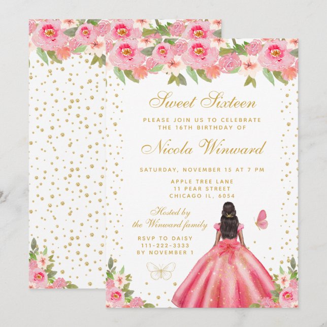 Pink Floral Dark Skin Princess Sweet Sixteen Invitation (Front/Back)
